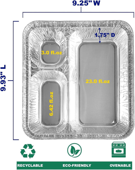PACTOGO Large 3-Compartment Oblong Aluminum Foil Take-Out Pan Senior Feeding TV Dinner Entrée Tray w/Board Lid (Pack of 10 Sets)