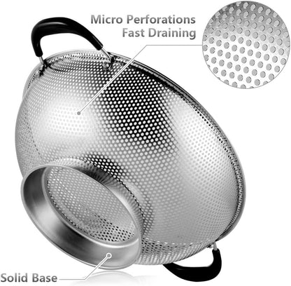 Tiawudi 18/8 Stainless Steel Colander, Easy Grip Micro-Perforated 5-Quart Colander, Strainer with Riveted and Heat Resistant Handles, BPA Free. Great for Pasta, Noodles, Vegetables and Fruits