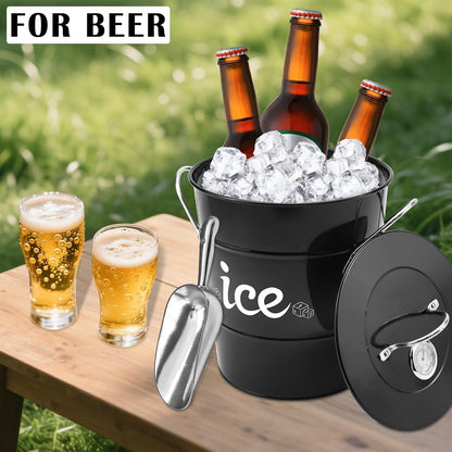 Double Wall Ice Bucket with Thermometer, Metal Wine Chiller Bucket with Lid & Scoop - for Champagne, Wine, Cocktails and Parties, Large Insulated Ice Holder - Perfect for Home & Outdoor Use,Red