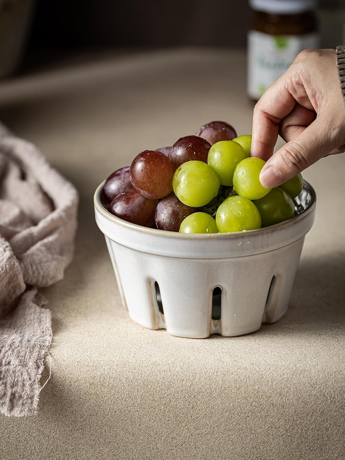 Gomakren Berry Bowls with Holes Ceramic, Berry Washing Bowl Basket Set of 2, 5.8 Inch Round Fruit Bowl Storage Containers, Strawberry Baskets, Farmhouse Kitchen Decor, Yellow + Brown