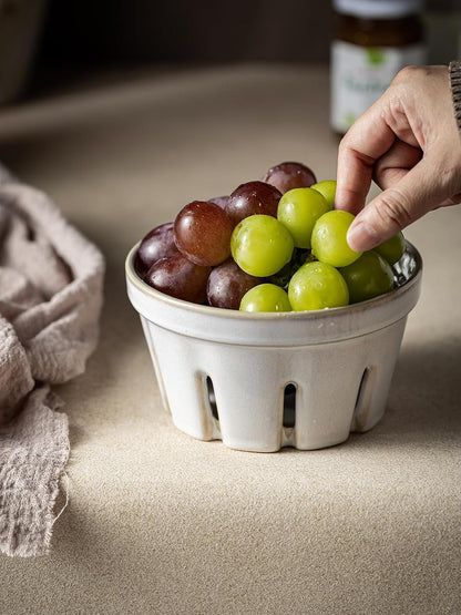 Gomakren Berry Bowls with Holes Ceramic, Berry Washing Bowl Basket Set of 2, 5.8 Inch Round Fruit Bowl Storage Containers, Strawberry Baskets, Farmhouse Kitchen Decor, Yellow + Brown