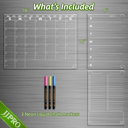 JJPRO Non-Magnetic Dry Erase Calendar for Fridge, Clear Monthly Calendar, Weekly Daily Meal Board Bundle -Starts Sunday,12"x16" Clear Reusable Calendar Stick to Fridge,Wall, All Smooth Surfaces
