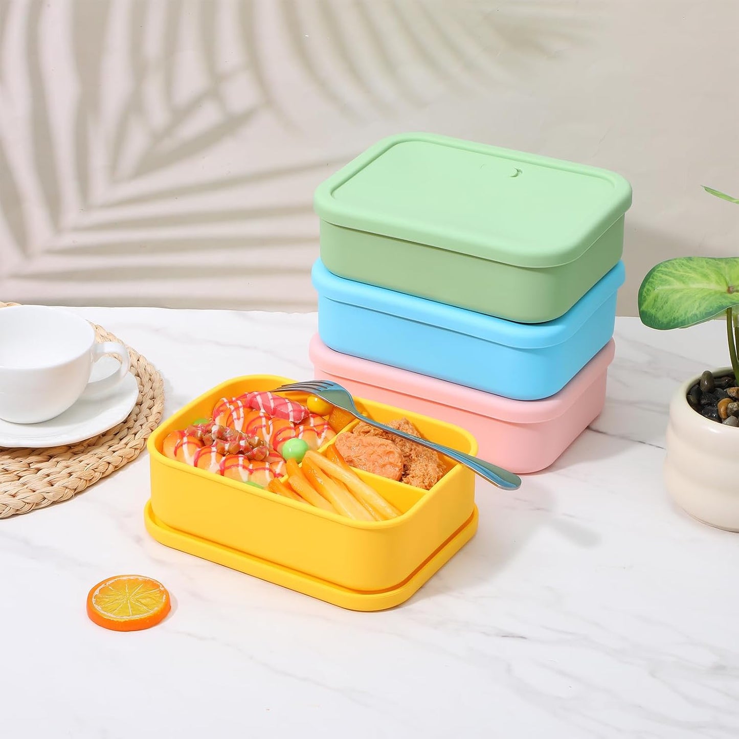 4 Pcs Silicone Bento Box Set - Reusable 3 Compartment Lunch Containers for Adults, Microwave, Dishwasher & Freezer Safe, Leakproof Meal Prep Boxes in Pink, Blue, Green, Orange