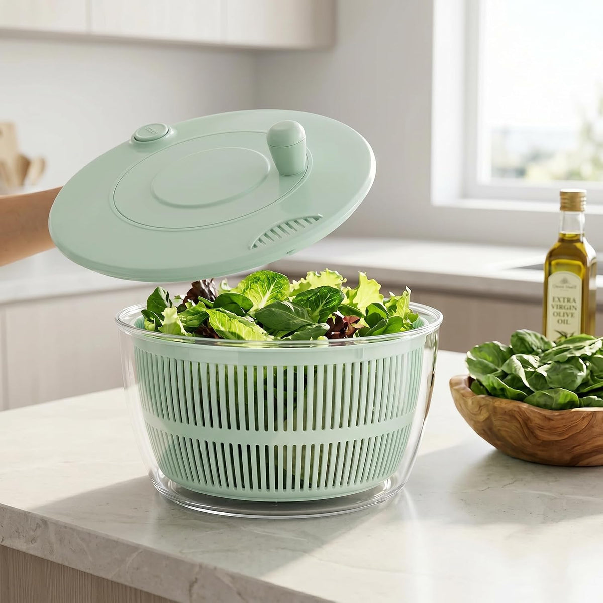 Salad Spinner Large, Lettuce Spinner with 5 Blade Slicer, 5.5 Qt Vegetable Wash Bowl, Fruits & Herb Lettuce Dryer with Egg Yolk Strainer for Efficient Salad Preparation and Food Washing