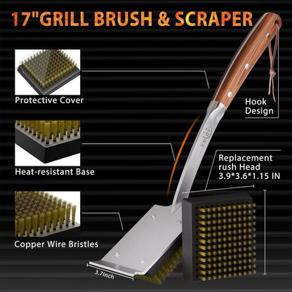 ENLOY Grill Brush and Scraper for Barbecue, 17" Grill Brush for Outdoor Grill, Extended Rosewood Handle and 2 Replaceable Copper Wire Brush Heads, Grill Cleaning Brush Grill Accessories for Most Grill