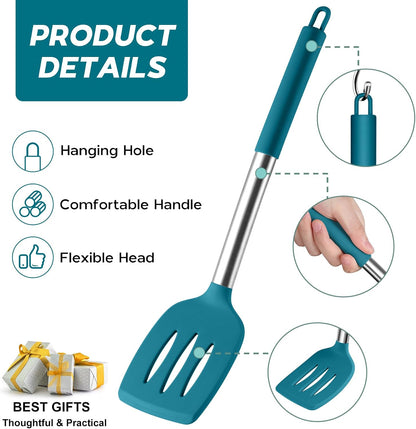 Onader Kitchen Utensils Set, 15 Pcs Silicone Cooking Utensils Set with Holder and Heat Resistant Stainless Steel Handle for Nonstick Cookware - Black