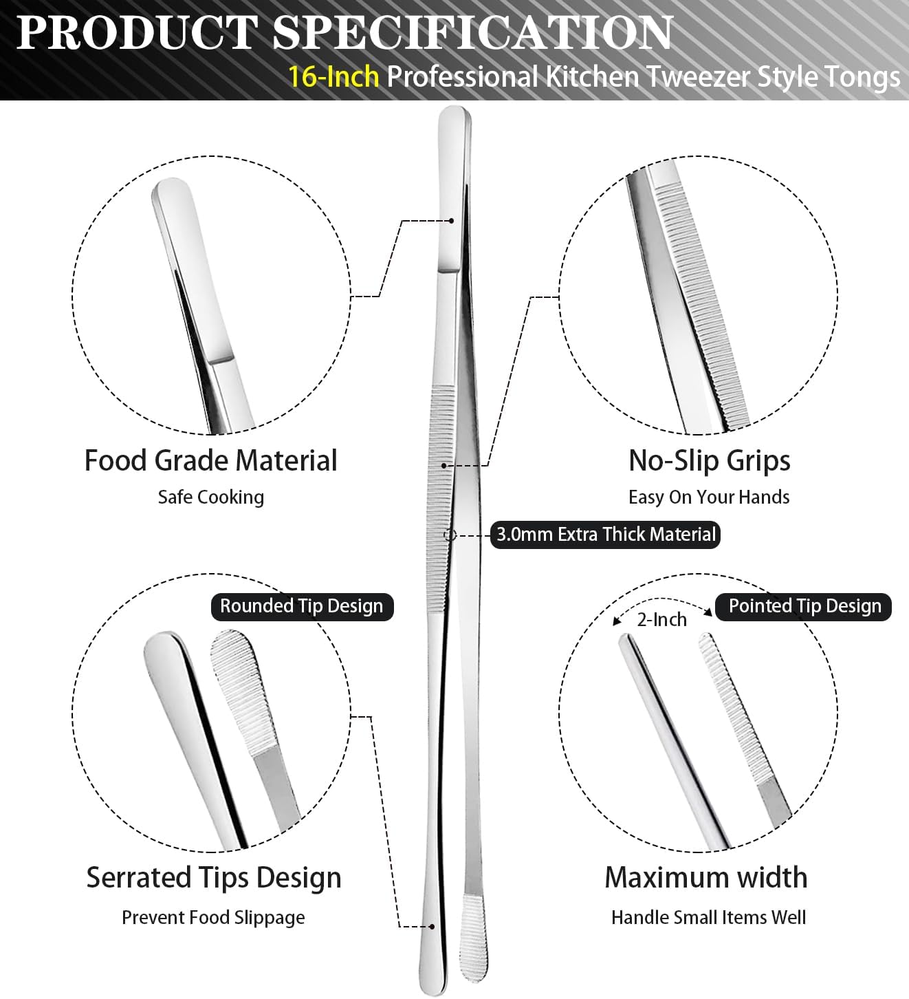 JETKONG 2 Pcs 12-Inch Kitchen Tweezers Tongs with Precision Serrated Tips, Stainless Steel Chef Tweezer Professional Cooking Tweezers for BBQ, Plating and Serving (12-Inch, Black)
