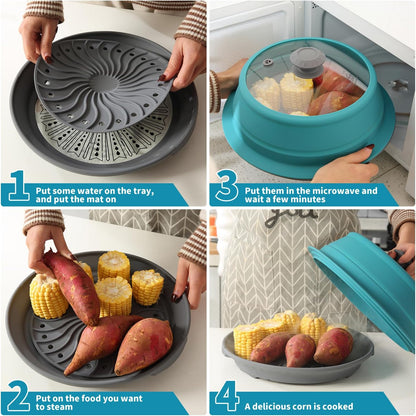 Collapsible Microwave Splatter Lid with Vented Tempered Glass Cover Wok Lid for Microwave Safe, Stockpot Steamer Pot Pan Round Bowl 6" 7" 8" 9" 10" 11" 12" Universal Multifunction Silicone Cover