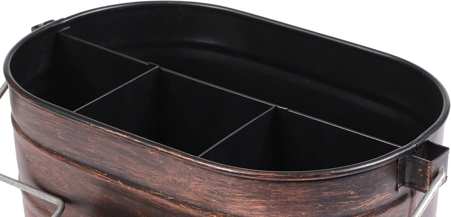 Galvanized Metal Caddy with 4 Compartments, Rustic Farmhouse Kitchen Picnic Utensil Holder, Multipurpose Storage Bin, Metal Garden Planters - 12 Inch - Antique Natural