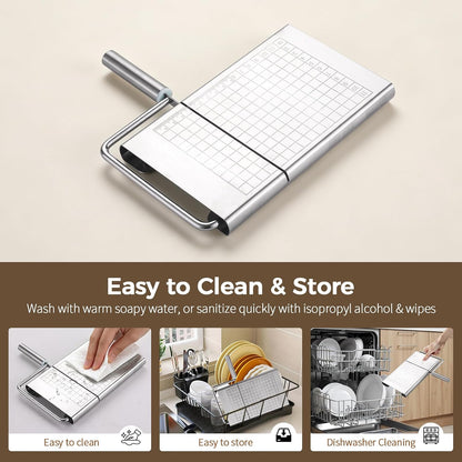 Cheese Slicer, Multipurpose Stainless Steel Cheese Cutter, Professional Upgrade with Sharp Blade & Engraved Measuring Scale Board for Block Cheese, Butter, Ham, Sausages Baking Gadget