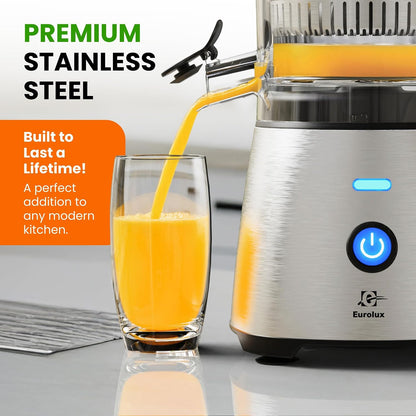 Eurolux Electric Citrus Juicer Stainless Steel | Premium Hands-Free One-Touch Orange Juice Squeezer for Oranges, Lemons, and Limes | Quiet Operation, Easy to Clean, Countertop Small Kitchen Appliance