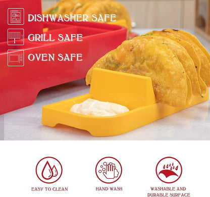 Taco Bar Serving Set for a Party - Taco Tuesday Kit of 4 personal Taco Holders, Taco Night for Burritos, Nachos, 7 compartments for Taco Toppings