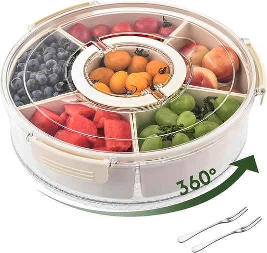 Rotating Snackle Box Container for Kids, Divided Rotating Serving Tray with Lid and Handle, Veggie Tray with Lid for Fridge, Rotating Food and Fruit Tray (small 10")