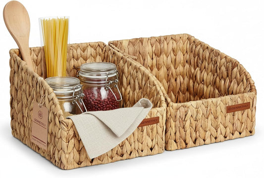 Water Hyacinth Wicker Baskets for Storage, Handwoven Rattan Shelf Basket with Open Front for Organizing Pantry Closet Wardrobe, 100% Natural Decorative Woven Organizer Bin for Cabinet, 2 Pack