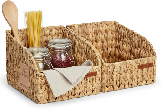 Water Hyacinth Wicker Baskets for Storage, Handwoven Rattan Shelf Basket with Open Front for Organizing Pantry Closet Wardrobe, 100% Natural Decorative Woven Organizer Bin for Cabinet, 2 Pack