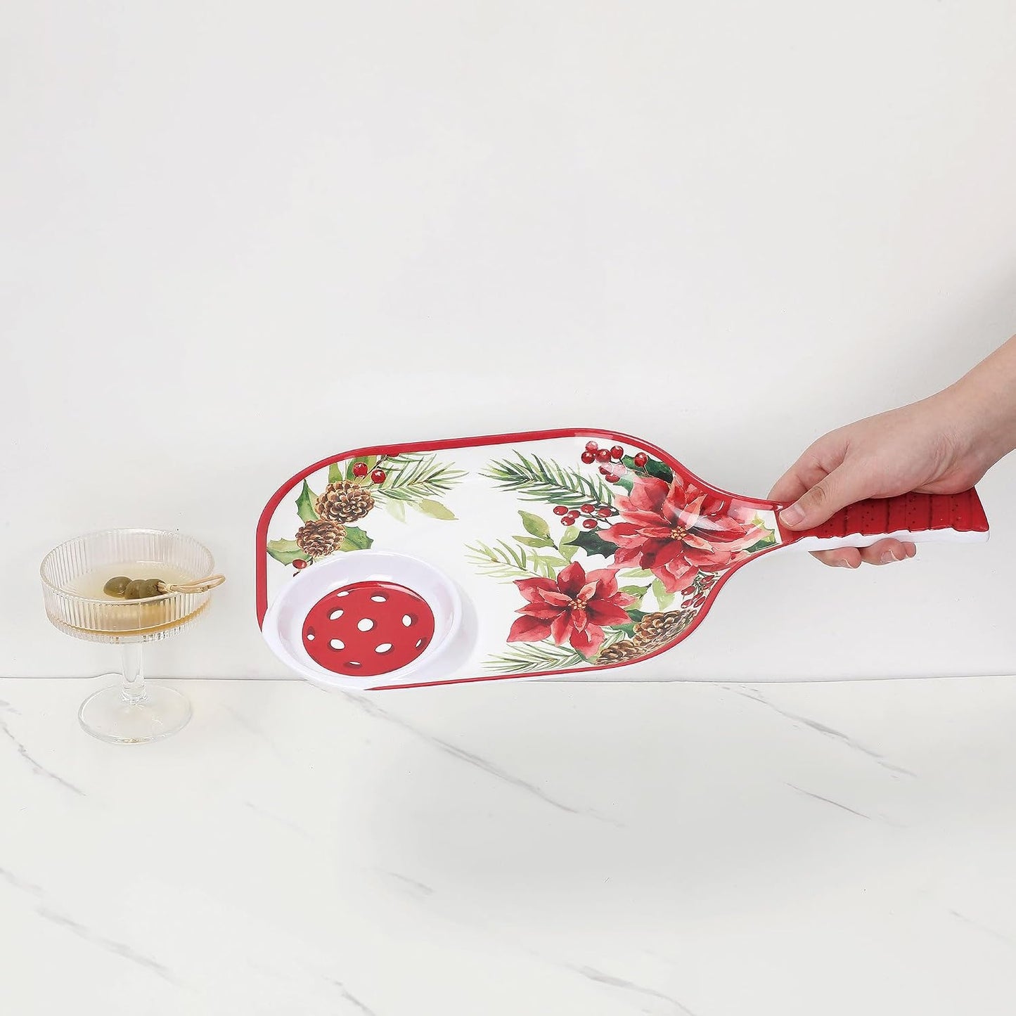 UPware Watermelon Melamine Chip and Dip Snack Tray, Summer Fruit Pickleball Paddle Shape Platter for Chips, Salsa, Fruits, and Appetizers, 15.75 x 8 Inch