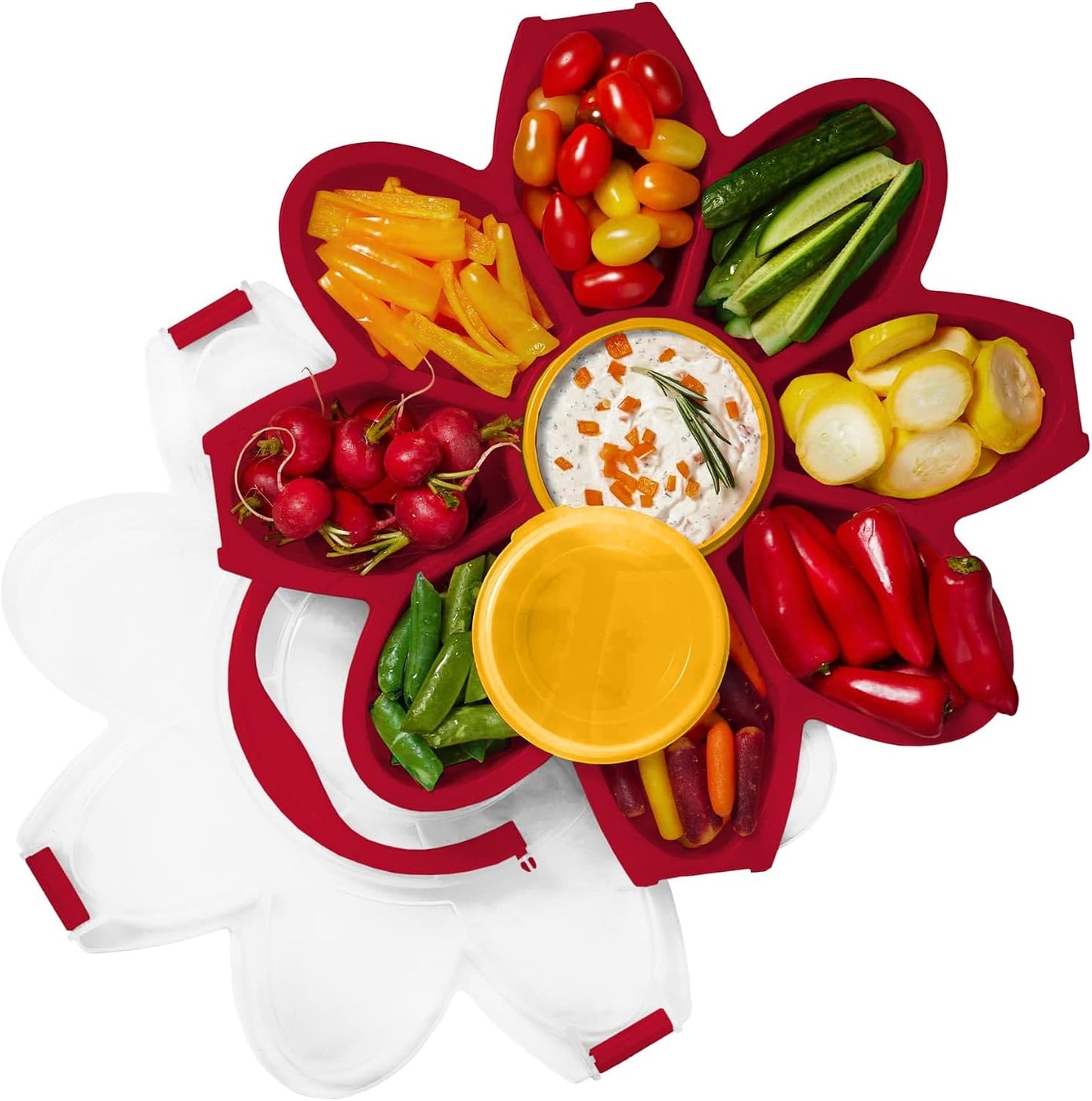 KOLORAE Flower Snack Serving Tray - 9 Compartment Party Platter with Dressing Cup for Chips and Dip, Fruits and Veggies - Game Day & Summer Entertaining Tray