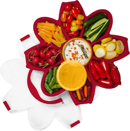 KOLORAE Flower Snack Serving Tray - 9 Compartment Party Platter with Dressing Cup for Chips and Dip, Fruits and Veggies - Game Day & Summer Entertaining Tray