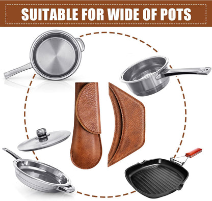 6 Pieces Cast Iron Handle Cover Handmade Thick Skillet Handle Cover Full Grain Frying Pan Sleeve Rustic PU Leather Hot Holder Double Layered Leather Assist Grip for Kitchen