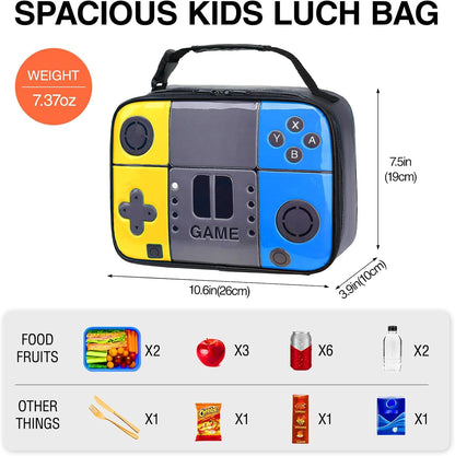 Kids Gamer Lunch Box for Boys, Game Console Insulated Lunch Bag, PU Leather Waterproof Lunchbox with Mesh Pocket, Durable Leakproof Lunch Tote Fits Bento Box for School