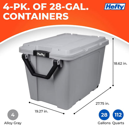 Hefty MAX Pro 28 Gallon Wheeled Storage Bins with Lids, Heavy Duty Rolling Storage Containers with Latching Handles, Stackable Plastic Totes for Garage, Moving & Outdoor Storage, 4 Pack, Gray