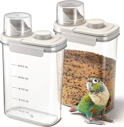 Maxdot 2 Pcs Bird Seed Storage Container 3 Qt/2.8 L with Tight Lids Airtight Cup Pet Food Storage Measuring Containers Lids with Pouring Spouts for Macaws African Grey Cockatoos (Beige)