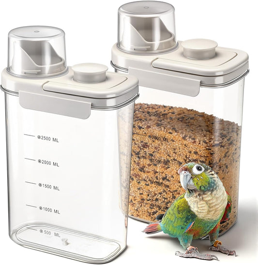 Maxdot 2 Pcs Bird Seed Storage Container 3 Qt/2.8 L with Tight Lids Airtight Cup Pet Food Storage Measuring Containers Lids with Pouring Spouts for Macaws African Grey Cockatoos (Beige)