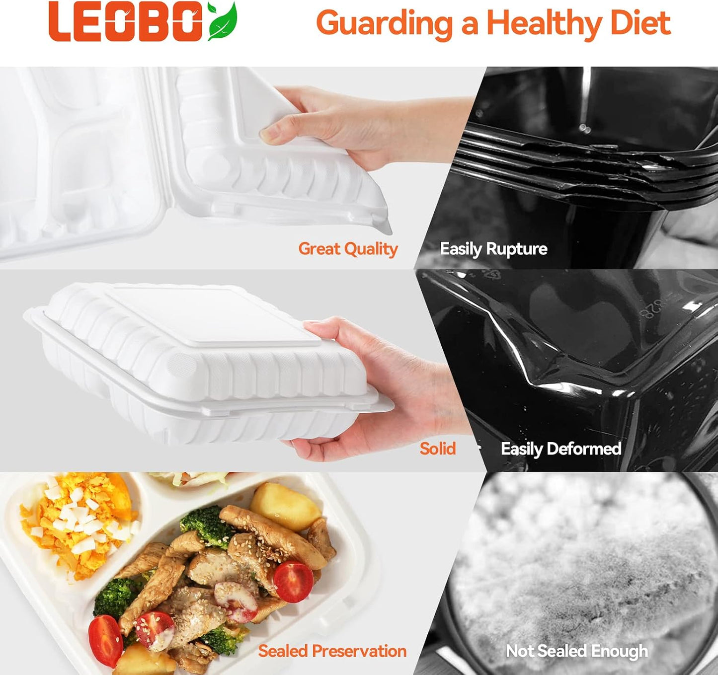Takeout Container Mineral Filled PP Plastic - 7.8 Inch 30oz 65 Pack BPA Free 3 Compartments Shrink Wrap Bento Box | Freezer & Microwave Safe for Picnic | Black Reusable & Disposable Containers