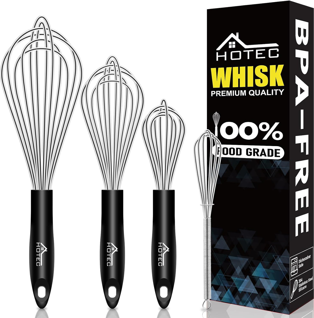 HOTEC Stainless Steel Whisk Set of 4, Food Grade Balloon Whisk Egg Beater, Thicken Wire Mixing Whisk for Baking, Cooking, Whisking Cream, Sauce, Pancake Batter