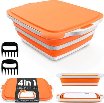 4 in 1 Large Collapsible BBQ Prep Tub with Lid - 16L Foldable Camping Sink with Colander & Cutting Board, Multipurpose Dish Basin for Kitchen, Meat Prep, Vegetables, Fruit, Picnic & Outdoor Cooking