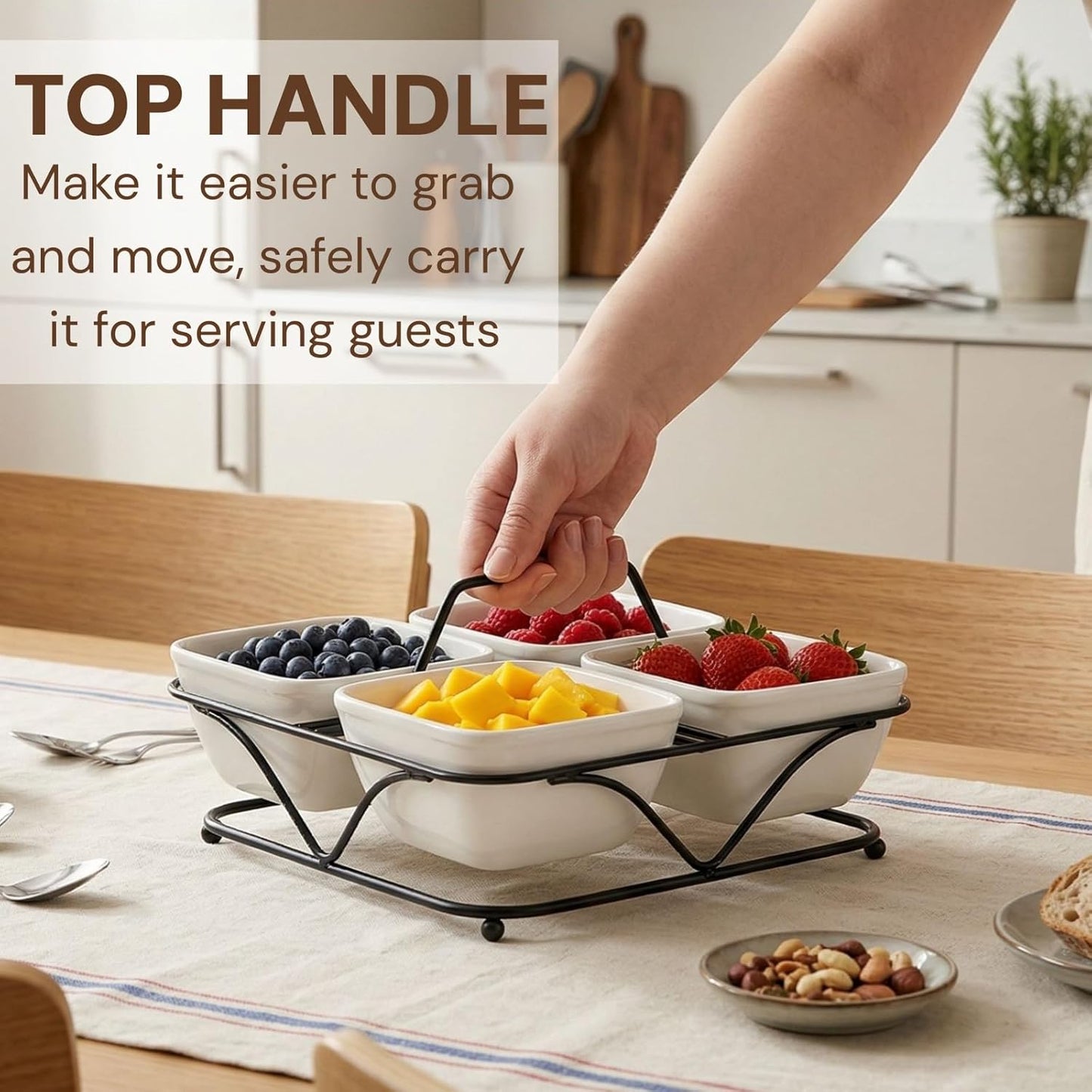 Pumtus Ceramic Divided Serving Dishes, 4 Removable Snack Bowls with Metal Stand, 9 Inch Appetizer Platter with Handle, Dip Bowls for Party, Condiment Serving Relish Tray for Chips & Dips, Nut, Candy