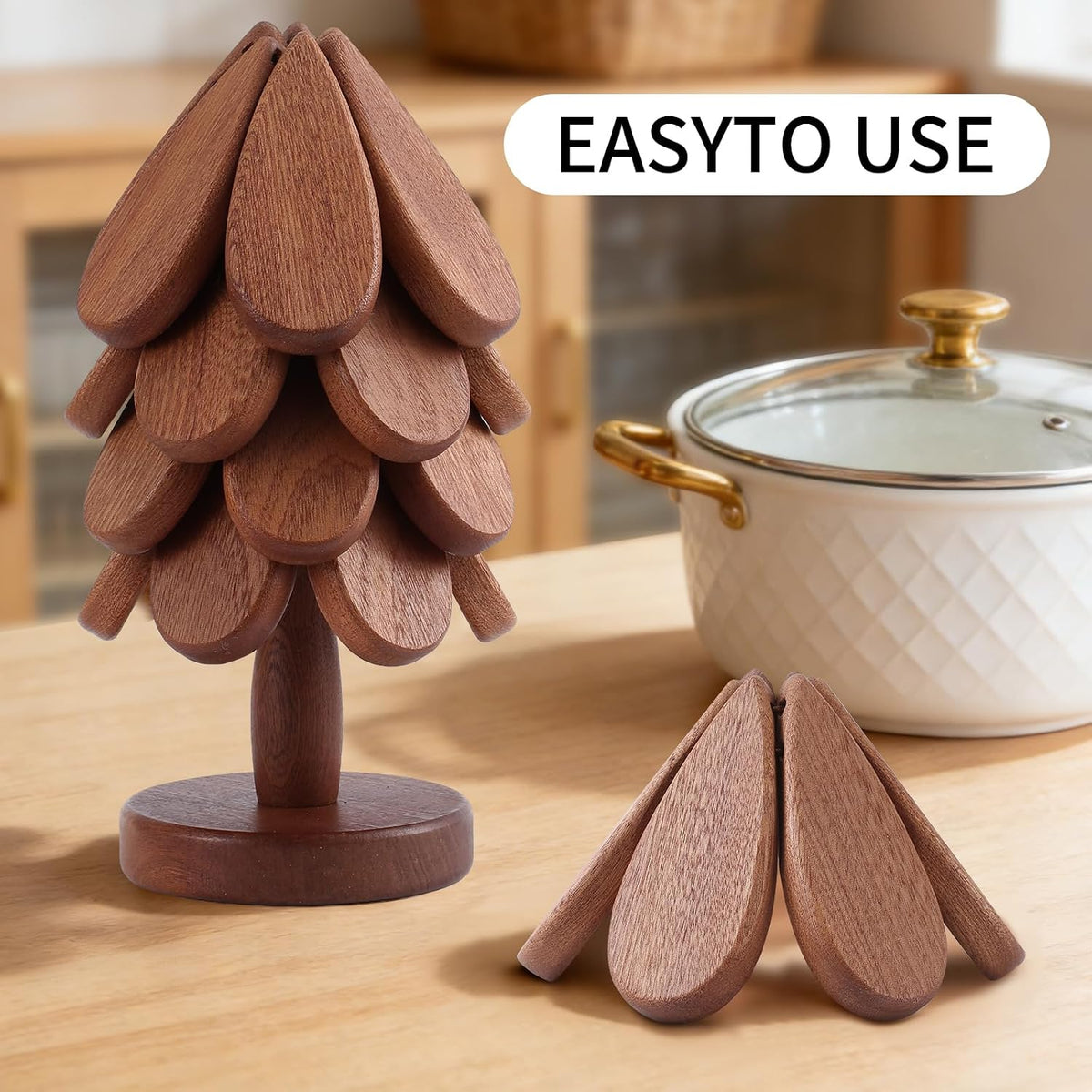 Vertdens Wooden Trivets for Hot Dishes, Hot Dish Coaster with Tree-Shaped Wood Collapsible Hot Pad Trivet Tree for Restaurant, 4 Wooden Trivet + 1 Stand（Walnut Wood）