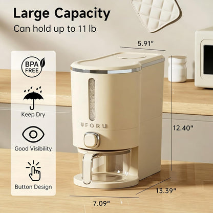 UFORU Rice Dispenser, Rice Storage Container with Measuring Cup for Kitchen Pantry Household, Dry Food Storage Containers Airtight, Sealed Moisture Proof (White 13Lbs)