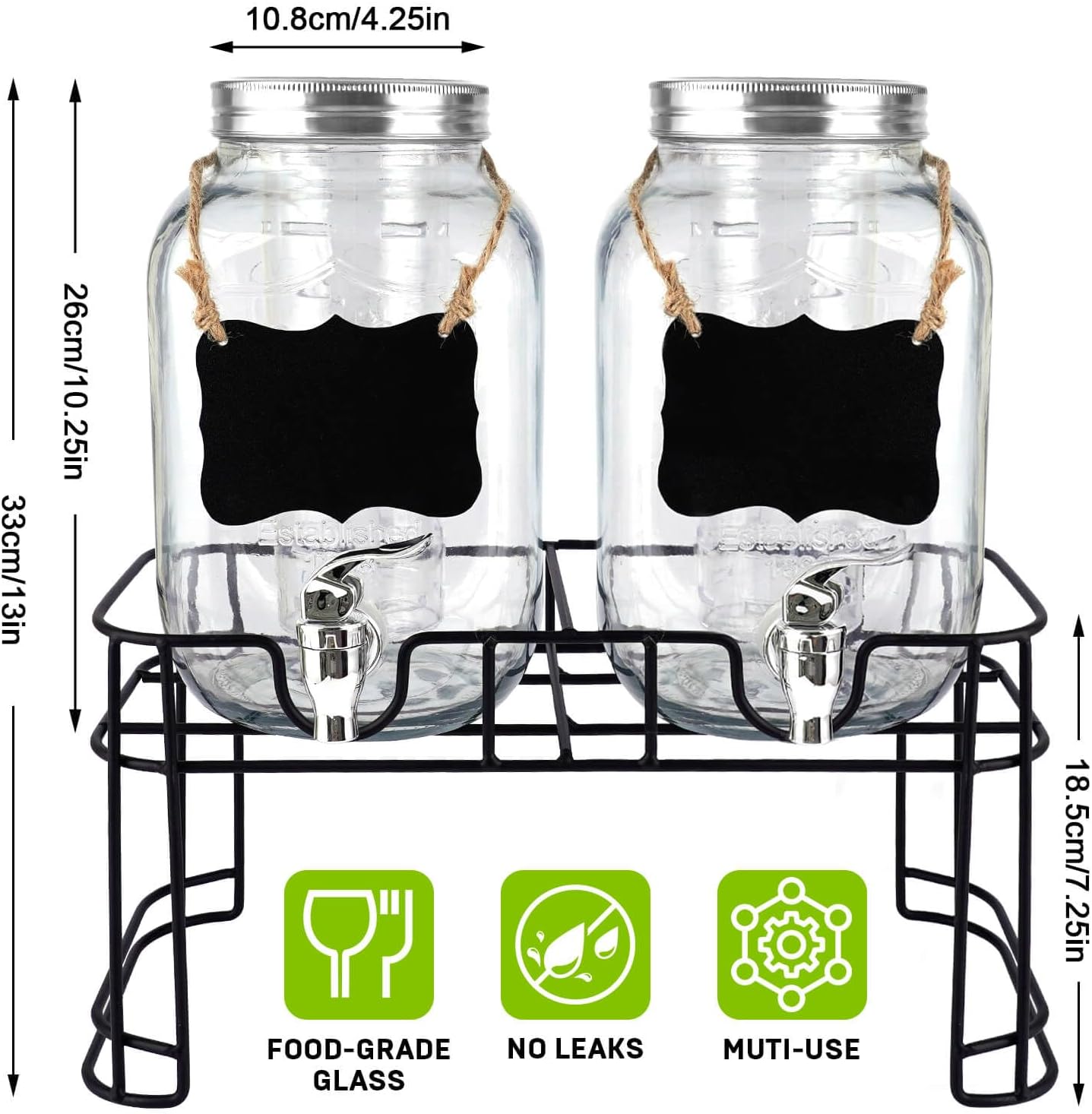 2 Gallon Drink Dispenser with 18/8 Stainless Steel Spigot, Sun Tea Glass Mason Jar for Outside, Iced Lemonade Beverage Dispenser with Fruit Infuser, Large Water Juice Jug, Punch Dispenser for Parties