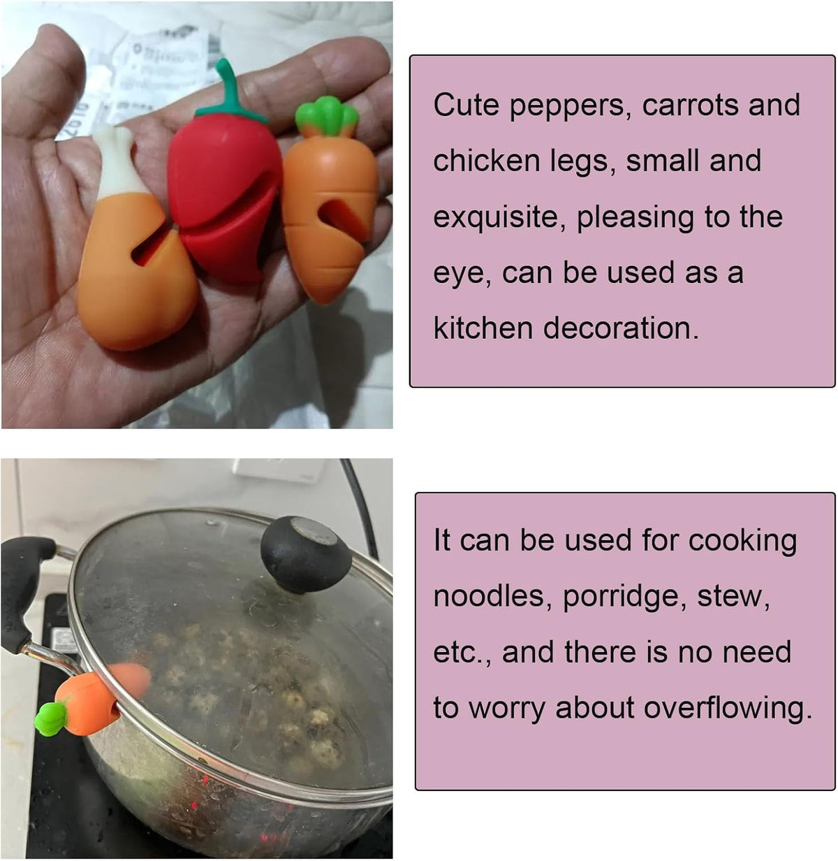 6 Pack Pot Lid Lifter Silicone Heat Resistant Spill Proof Pan Cover Stand Holder Clip Steam Releaser Stopper for Soup Pots Kitchen Gadgets (Carrot, Pepper, Chicken Leg 3 Style)