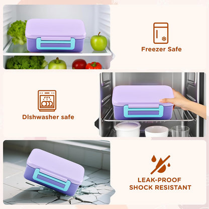 MAISON HUIS Bento Box for Kids with 8oz Soup Thermo, Insulated Lunch Bag & 17oz Water Bottle, 2-Compartment Bento Box with Built-In Ice Pack, Leak-Proof & BPA-Free (Purple)