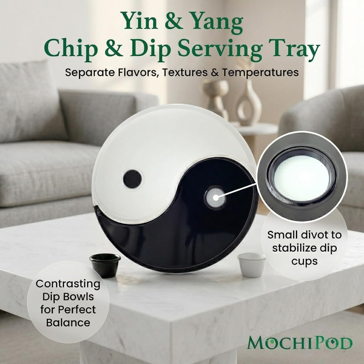 Chip and Dip Serving Tray – Yin Yang Divided Snack & Appetizer Platter with Built-In Dip Bowls, 14” Large Round Hosting Plate for Charcuterie, Fruit, Veggies & Party Snacks