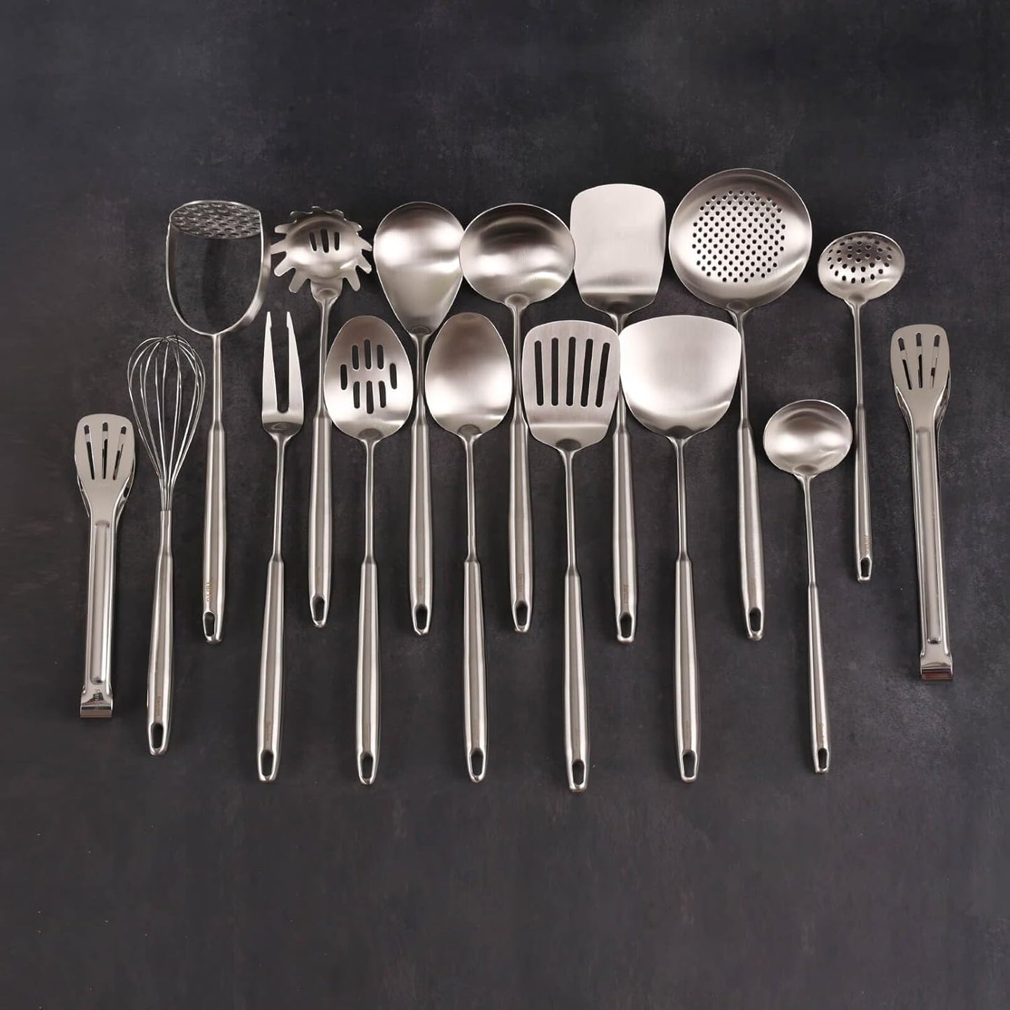 18/10 Stainless Steel Kitchen Utensils Set - 12 PCS All Metal Cooking Tools & 15″ Serving Utensils - Potato Masher, Meat Fork, Tongs, Turner, Pasta, Serving Spoon, Skimmer, Ladle, Spatula Spoon Set