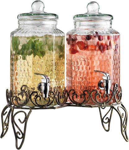 Glass Beverage Dispenser with Classy Metal Stand (Set of 2), 1.Gallon Glass Drink Dispenser with 100% Leak Proof Spigot, Party Drink Dispenser for Lemonade, Punch, Water, Juice for Parties