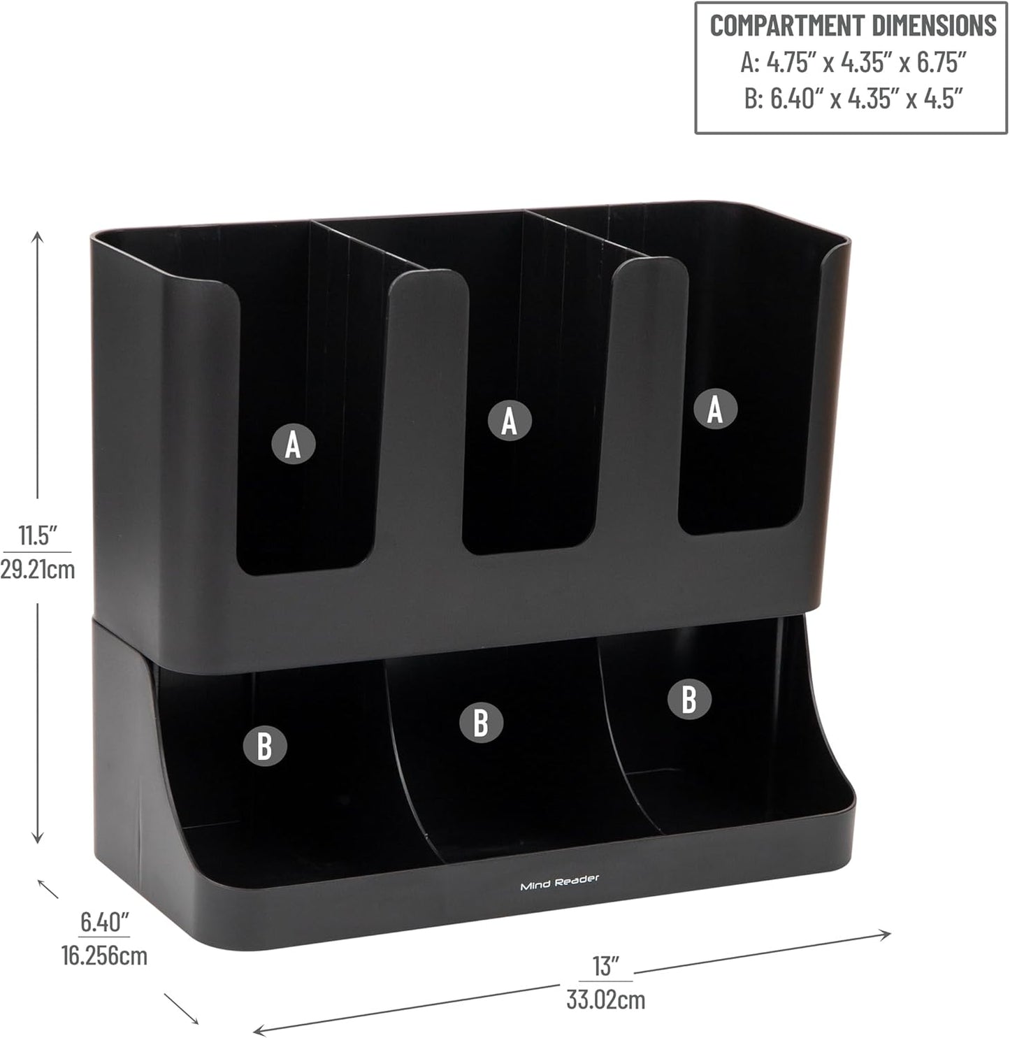 Mind Reader Cup and Condiment Station, 13 Inch Countertop Coffee Bar Organizer with 6 Compartments, Storage Caddy for Cups, Lids and Packets, Plastic, Black