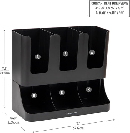 Mind Reader Cup and Condiment Station, 13 Inch Countertop Coffee Bar Organizer with 6 Compartments, Storage Caddy for Cups, Lids and Packets, Plastic, Black