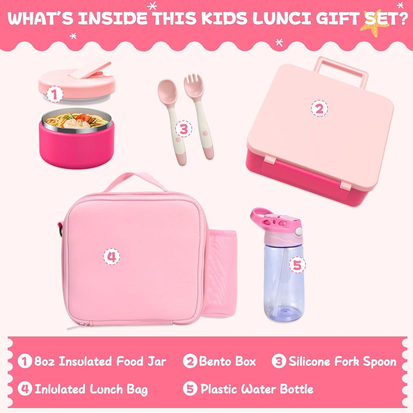 Kids Bento Lunch Box with 8oz Soup Thermo, Water Bottle, Kids Leakproof Lunch Food Containers with 4 Compartment, Insulated Hot Food Jar with Lunch Bag for School, Trvael (Black)