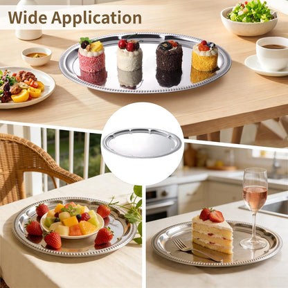 6 Pcs Silver Serving Tray, Large Serving Tray Set for Parties, Events, Stainless Steel Oval Floral Engraved Tray with Polished Surface, Food-Safe, 15.7x11.8 in