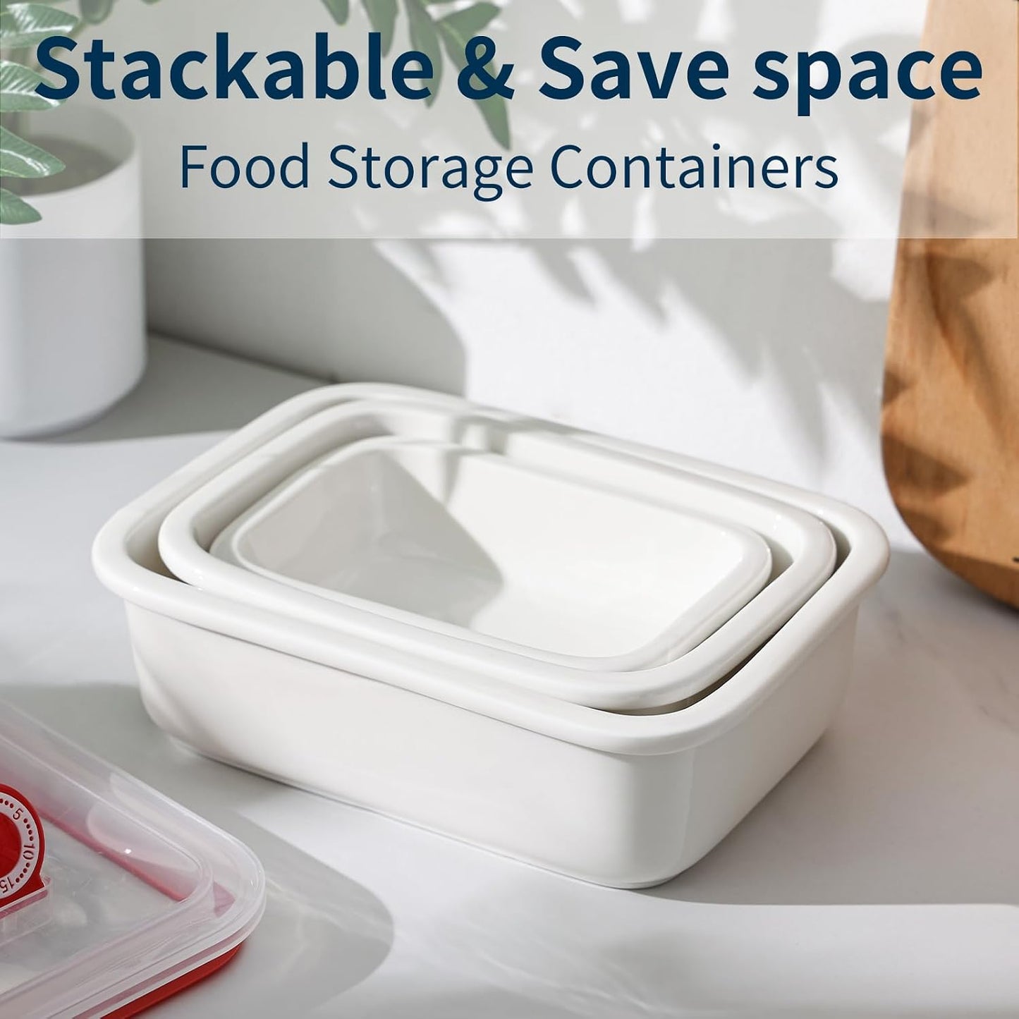 Dizada Ceramic Food Storage Containers with Lids Set of 3 - Porcelain Meal Prep Containers, Reusable Lunch Containers, Microwave Dishwasher Freezer Oven Safe