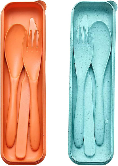 Reusable Travel Utensils Set with Case, 2 Sets Wheat Straw Portable Plastic Fork Spoons Knife Cutlery, Camping Eco-Friendly BPA Free Tableware for Kids Adults Work Picnic or Daily Use (Pink)