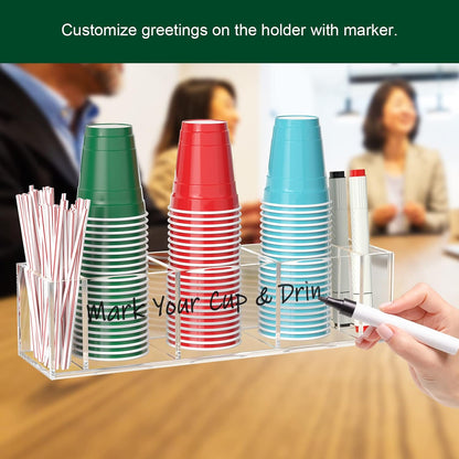 Double Cup Holder with Marker Slot, Party Cup Dispenser Acrylic Cup Organizer Mark Your Cup and Drink Up Caddy Modern Bar Counter Decor, Clear