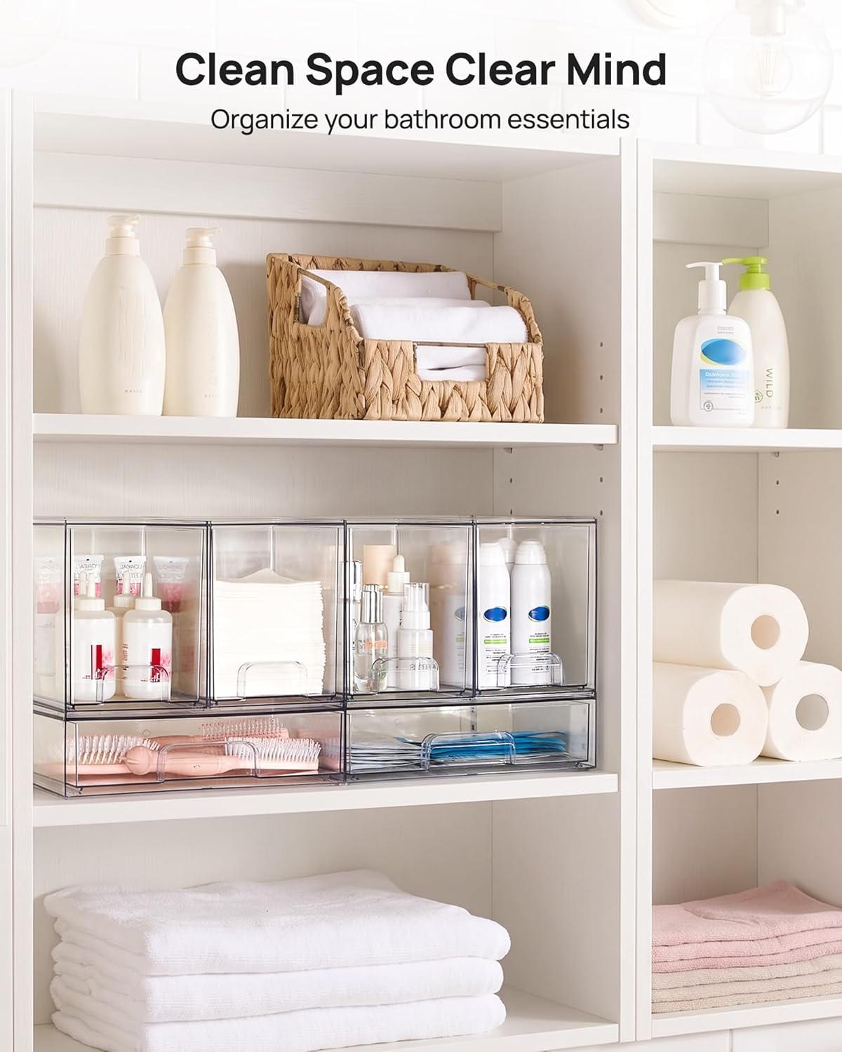 Vtopmart Stackable Storage Drawers Set of 5, Clear Plastic Organizer Bins for Baby Bottle, Beauty Supplies Storage, Ideal for Kichen Countertop, Vanity, Bathroom, Cabinet, Pantry Organization