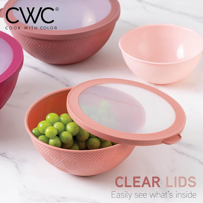 COOK WITH COLOR Mixing Bowls with Lids - 12 Piece Plastic Nesting Bowls Set includes 6 Prep Bowls and 6 Lids, Microwave Safe Mixing Bowl Set, Pink Embossed - Colors B
