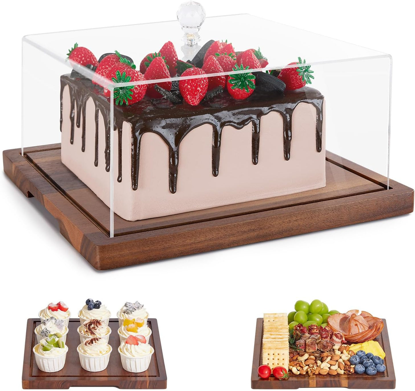 HouseJoy Acacia Wood Cake Stand with Lid-Extra Large 17" Rectangular Cake Holder,2-in-1 Dessert Table Display Set & Charcuterie Board,Acrylic Cake Dome Cover for Cheese/Veggie/Desert /Chips & Dip