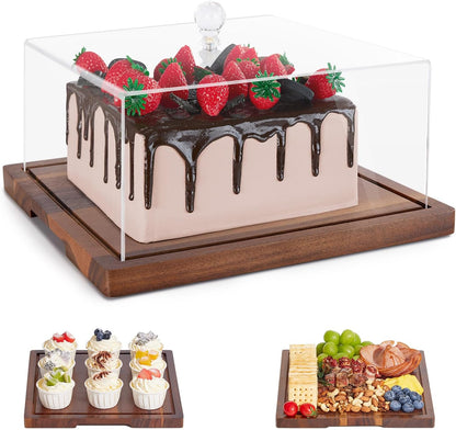 HouseJoy Acacia Wood Cake Stand with Lid-Extra Large 17" Rectangular Cake Holder,2-in-1 Dessert Table Display Set & Charcuterie Board,Acrylic Cake Dome Cover for Cheese/Veggie/Desert /Chips & Dip